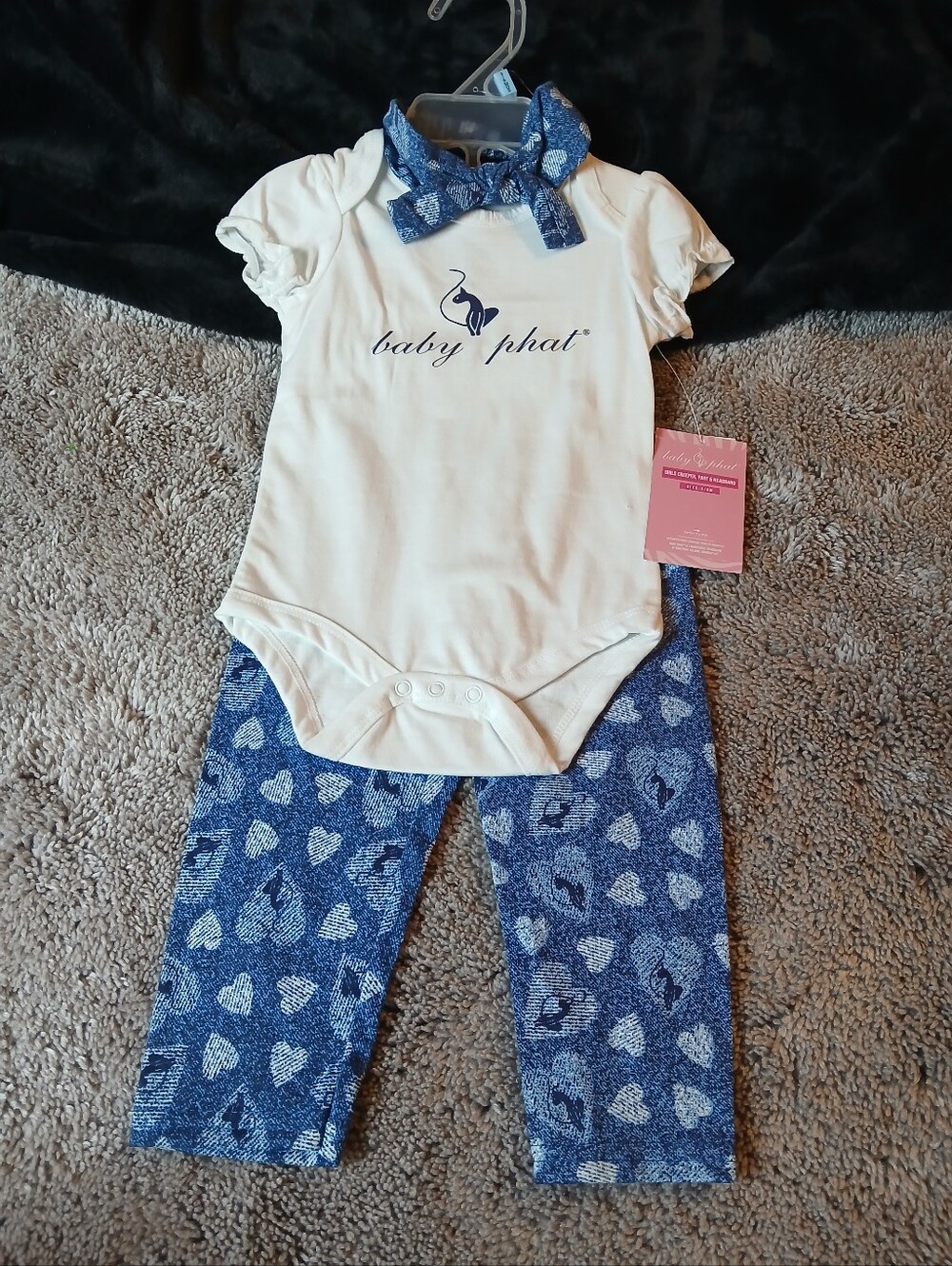 Baby Phat Girls 3PC White Bodysuit Faux Denim Heart Pants & Headband Set 3/6mos